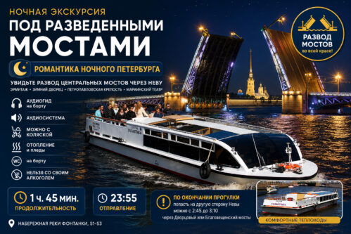 Ночная экскурсия «Под разведенными мостами» — прогулка на теплоходе по Неве в Санкт-Петербурге