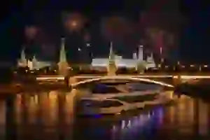 Салют над Кремлем и теплоход на Москве-реке