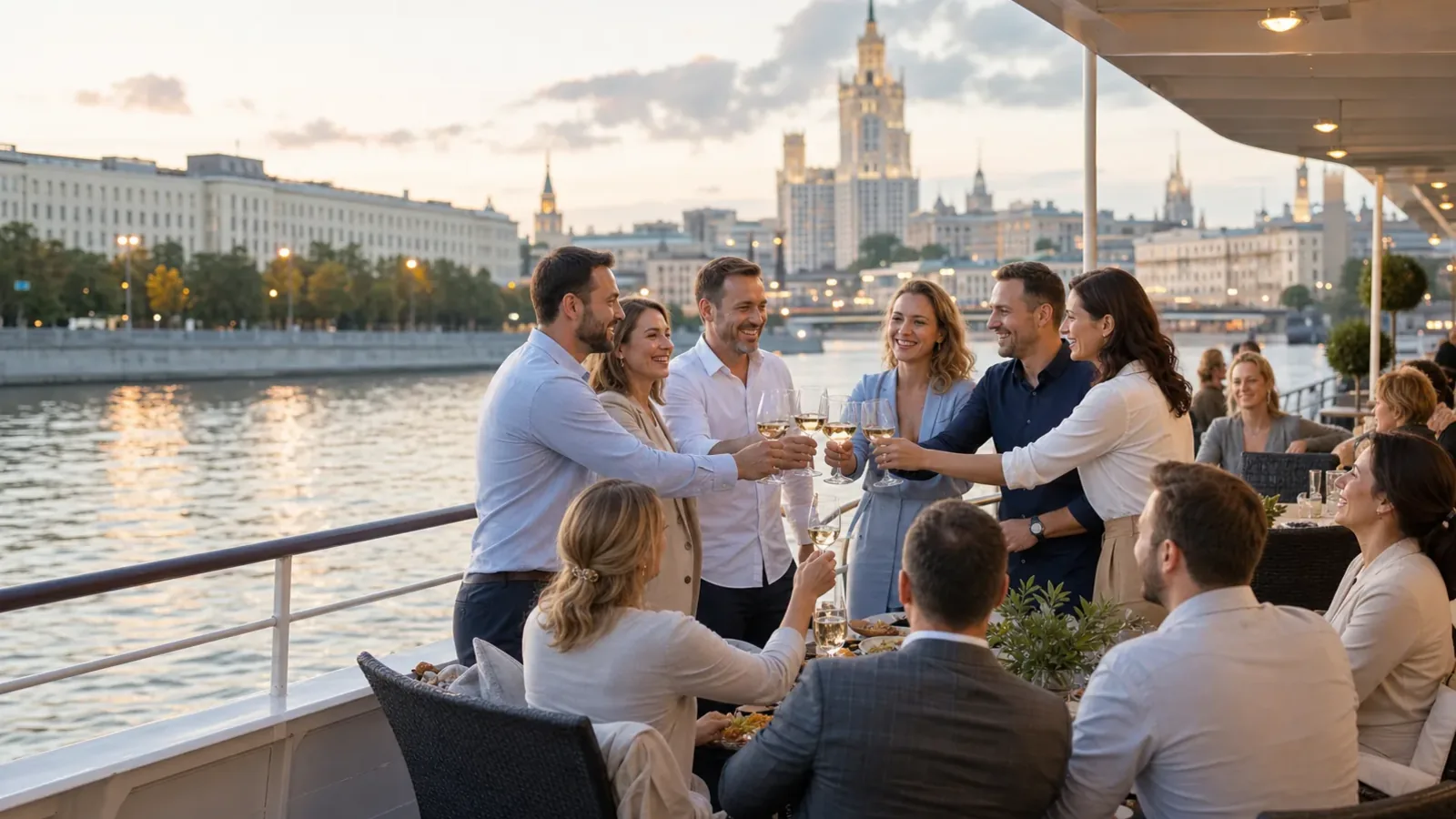 Небольшая команда отмечает корпоратив на палубе теплохода в Москве