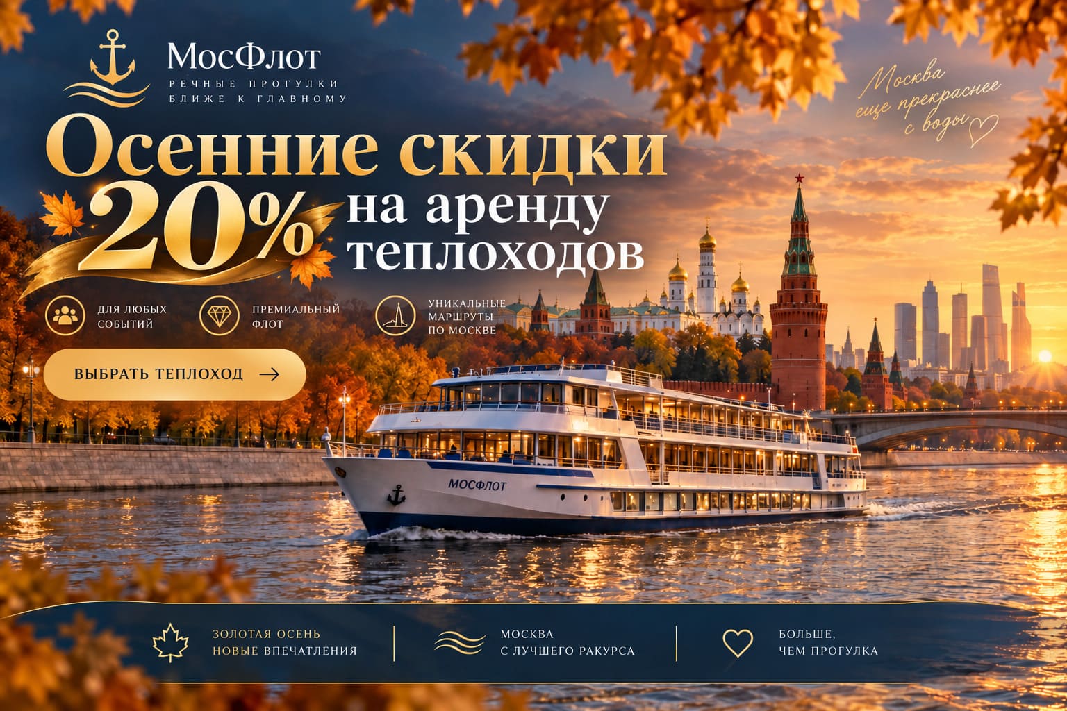 Осенняя скидка 20% на аренду теплоходов в Москве